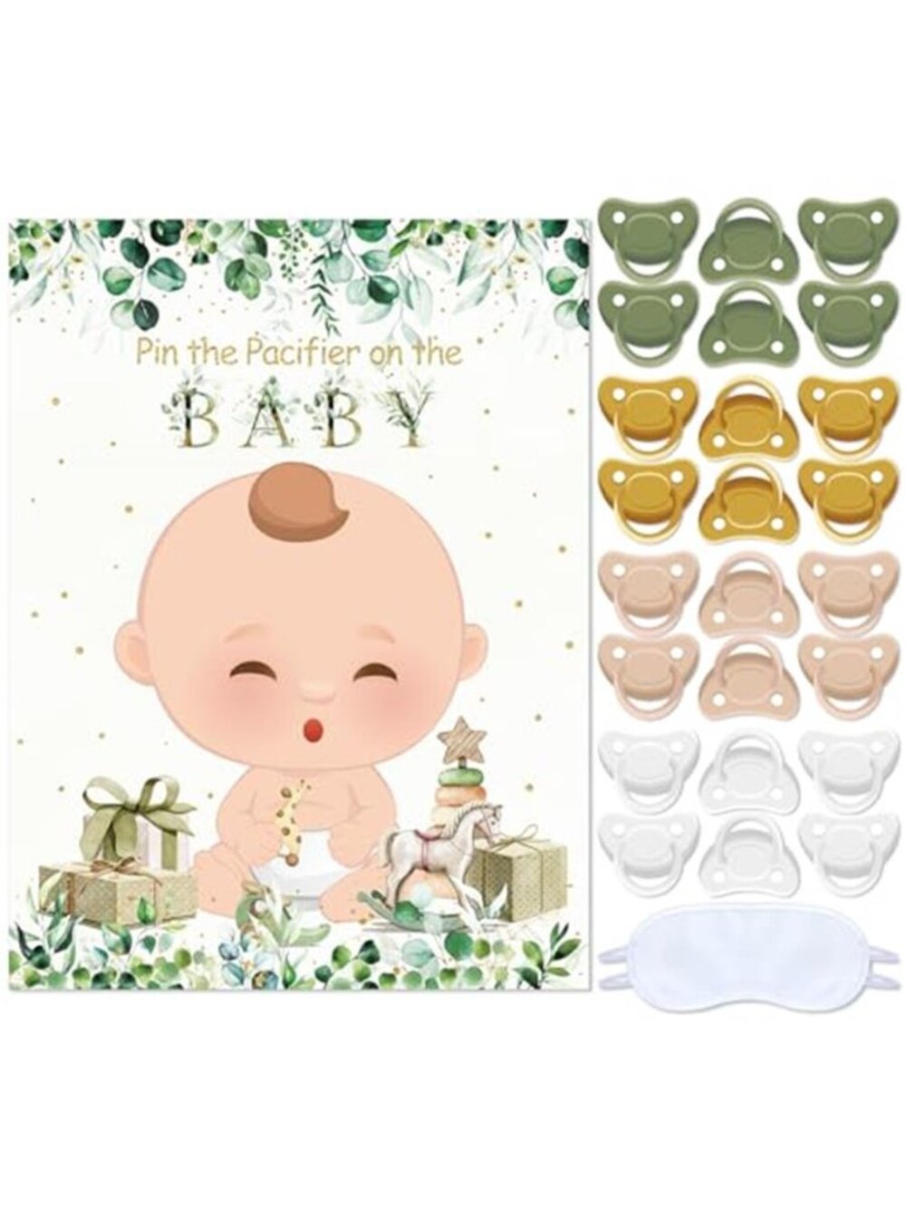 Pin The Pacifier Baby Shower Game Sage Green Poster Stickers Blindfold Set